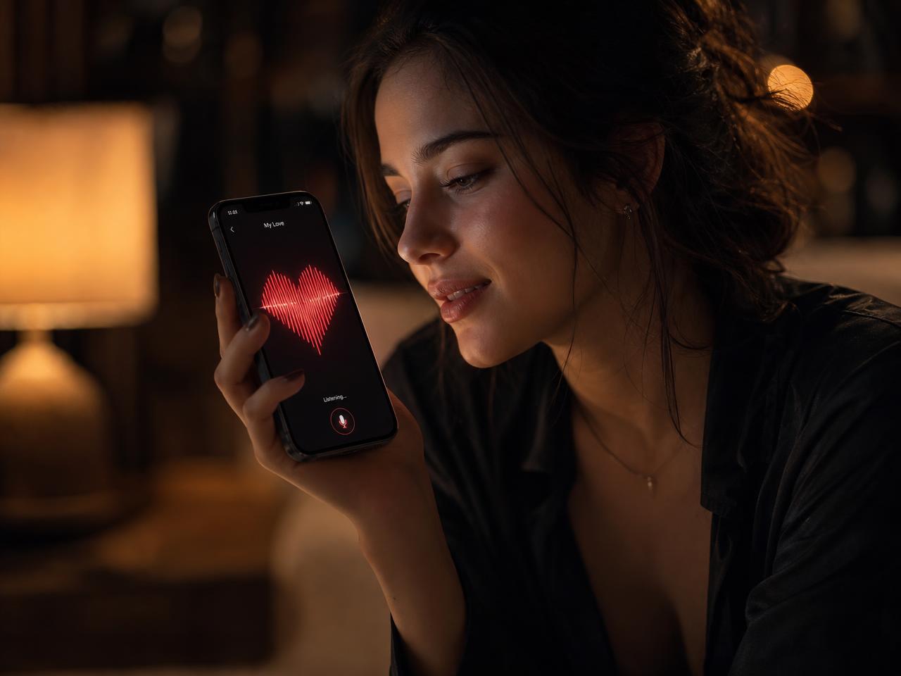 A person holding up their phone, talking to Ouchy, the heart waveform glowing on screen