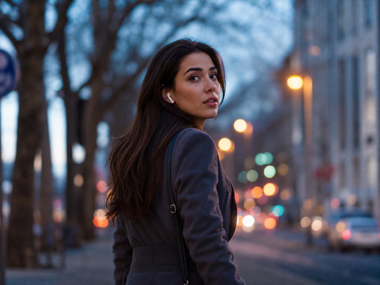 A person smiling while talking to Ouchy on a city street at night