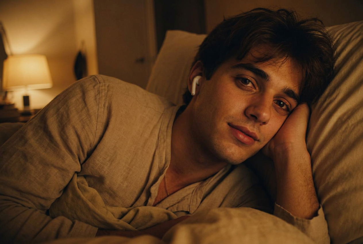 A man lying in bed at night, talking quietly through an earbud